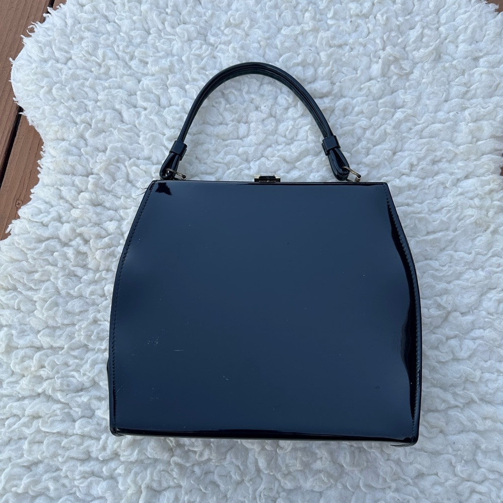 Vintage 40s 50s Medium Structured Patent Leather Satchel Bag Handbag